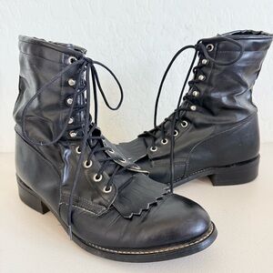 Vintage Texas American Made Lace Up Black Leather Kiltie Western Boots Size 9EE
